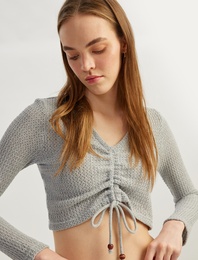 Uzun Kollu Büzgülü V Yaka Triko Crop Tişört