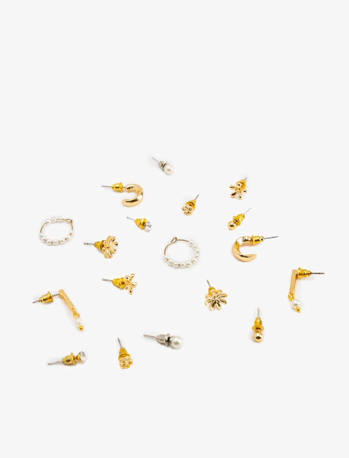 Kadın İnci Detaylı Çiçekli 9'lu Küpe Seti