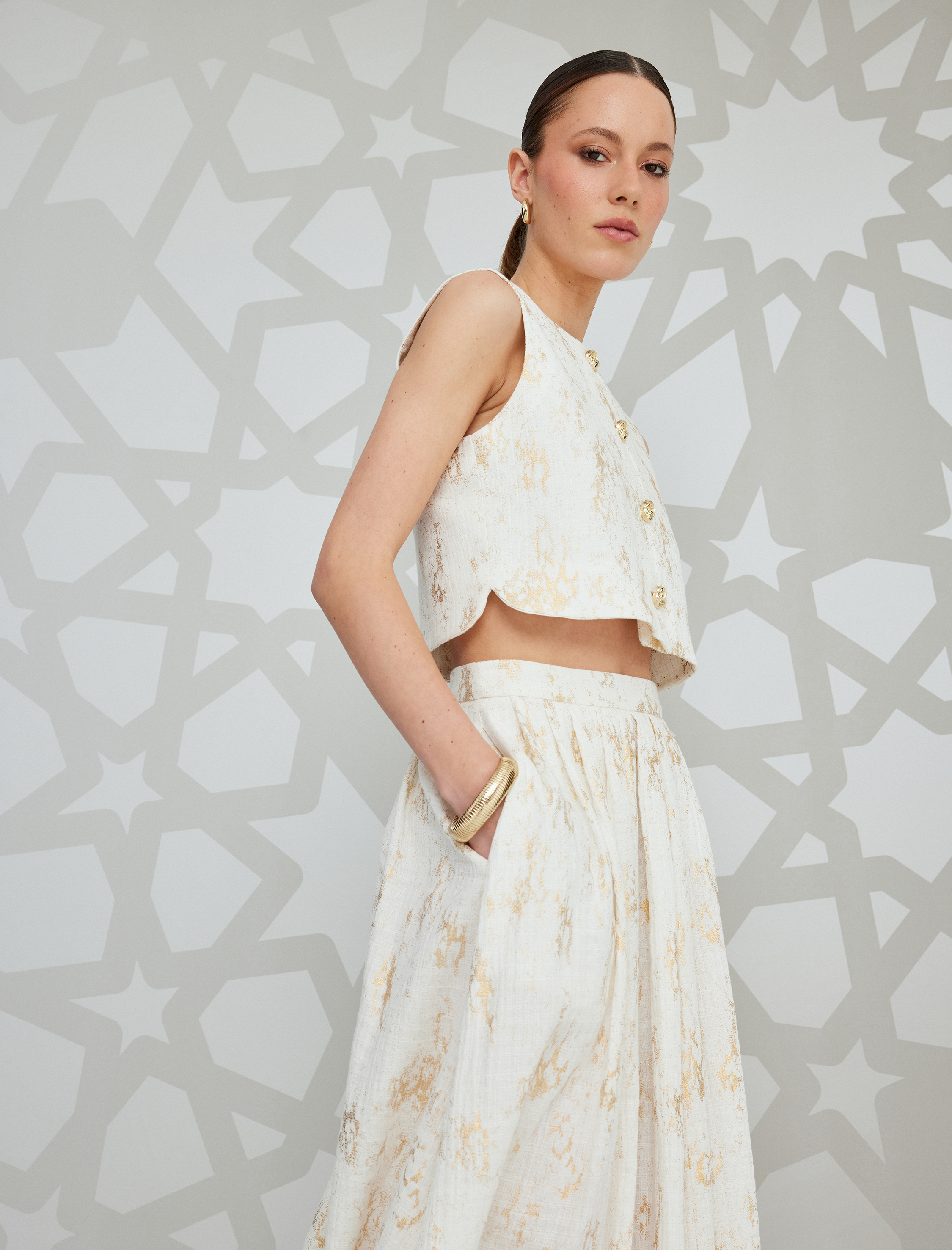   Pamuklu Cepli Pileli Parıltılı Varak Baskılı Yüksek Bel Uzun Kloş Etek