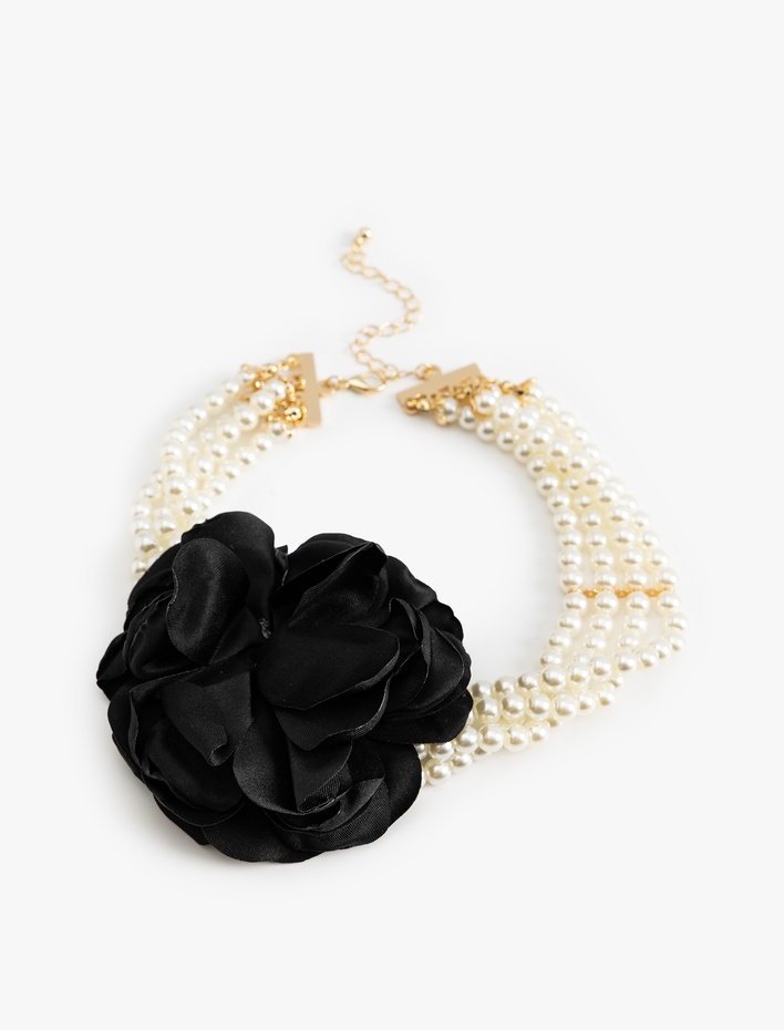 Kadın Çelik Karışımlı Gül Aplike Detaylı İnci Choker Kolye