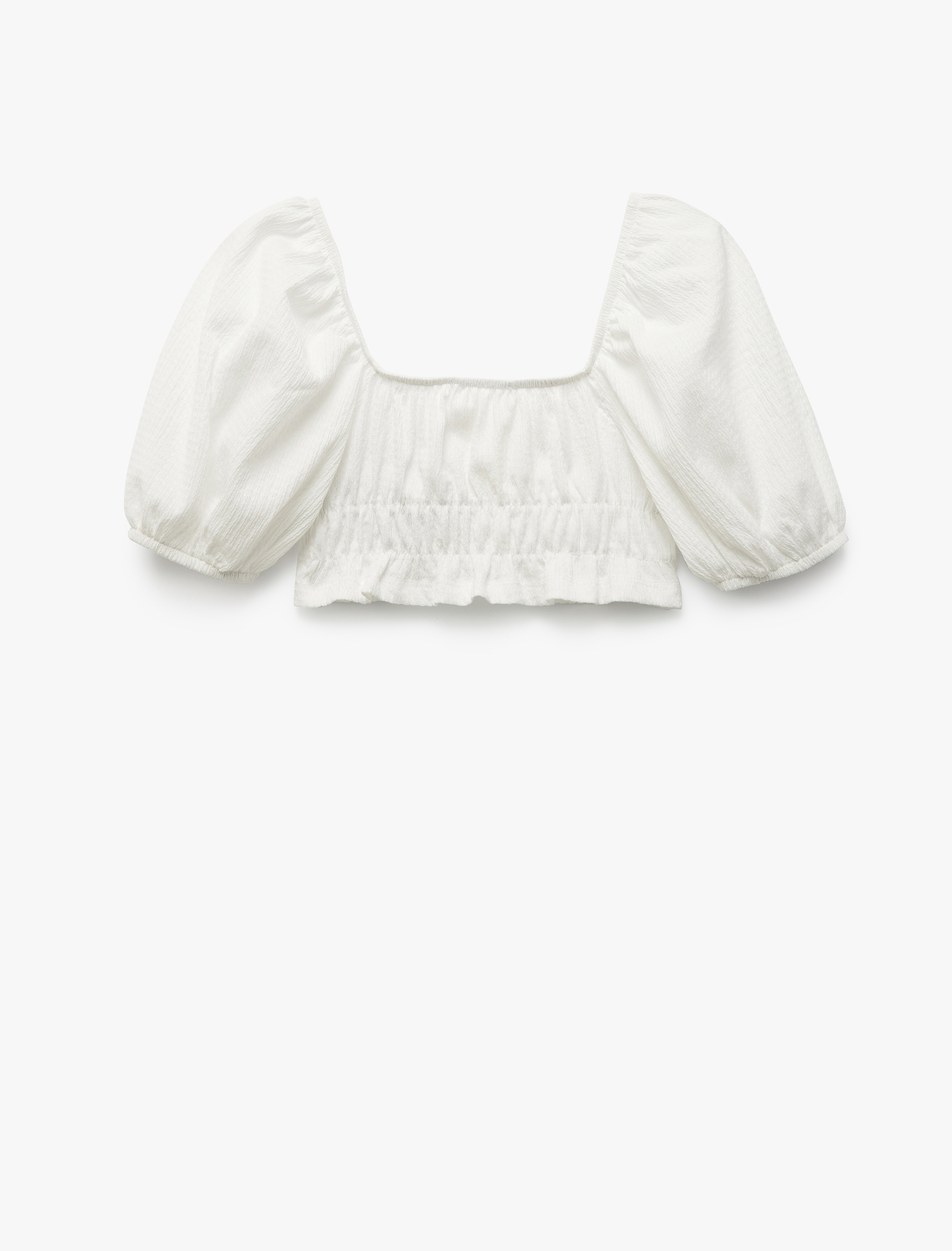  Kız Çocuk Kare Yaka Gipe Detaylı Balon Kollu Crop Bluz