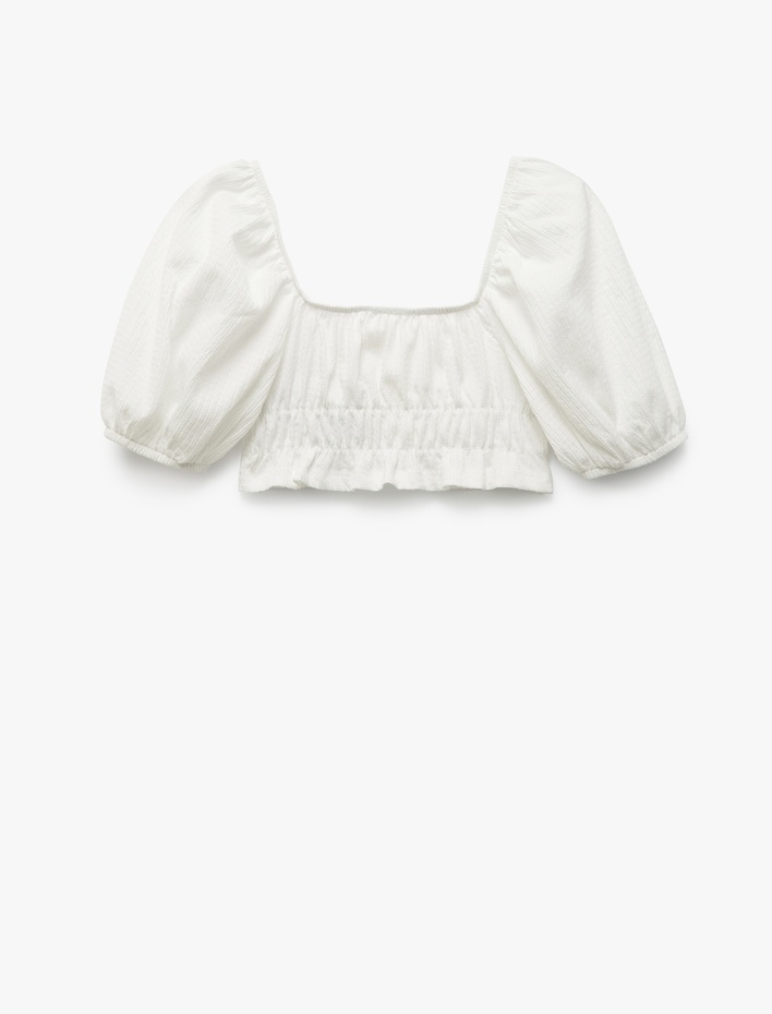 Kız Çocuk Kare Yaka Gipe Detaylı Balon Kollu Crop Bluz