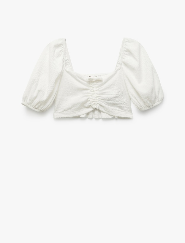 Kare Yaka Gipe Detaylı Balon Kollu Crop Bluz_0
