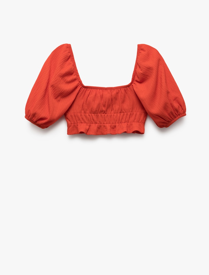 Kız Çocuk Kare Yaka Gipe Detaylı Balon Kollu Crop Bluz