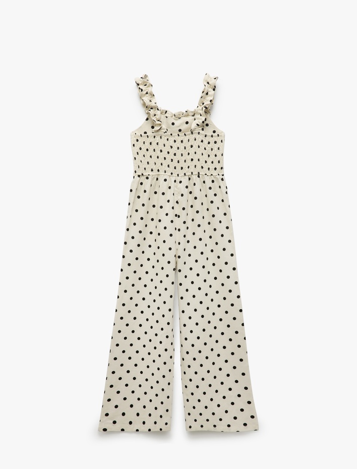 Kız Çocuk Puantiyeli Kare Yaka Keten Karışımlı Askılı Uzun Tulum