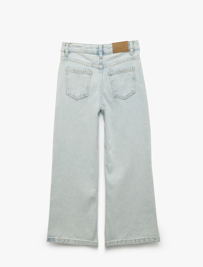 Kız Çocuk Pamuklu Taş Detaylı Bol Paça Denim Pantolon