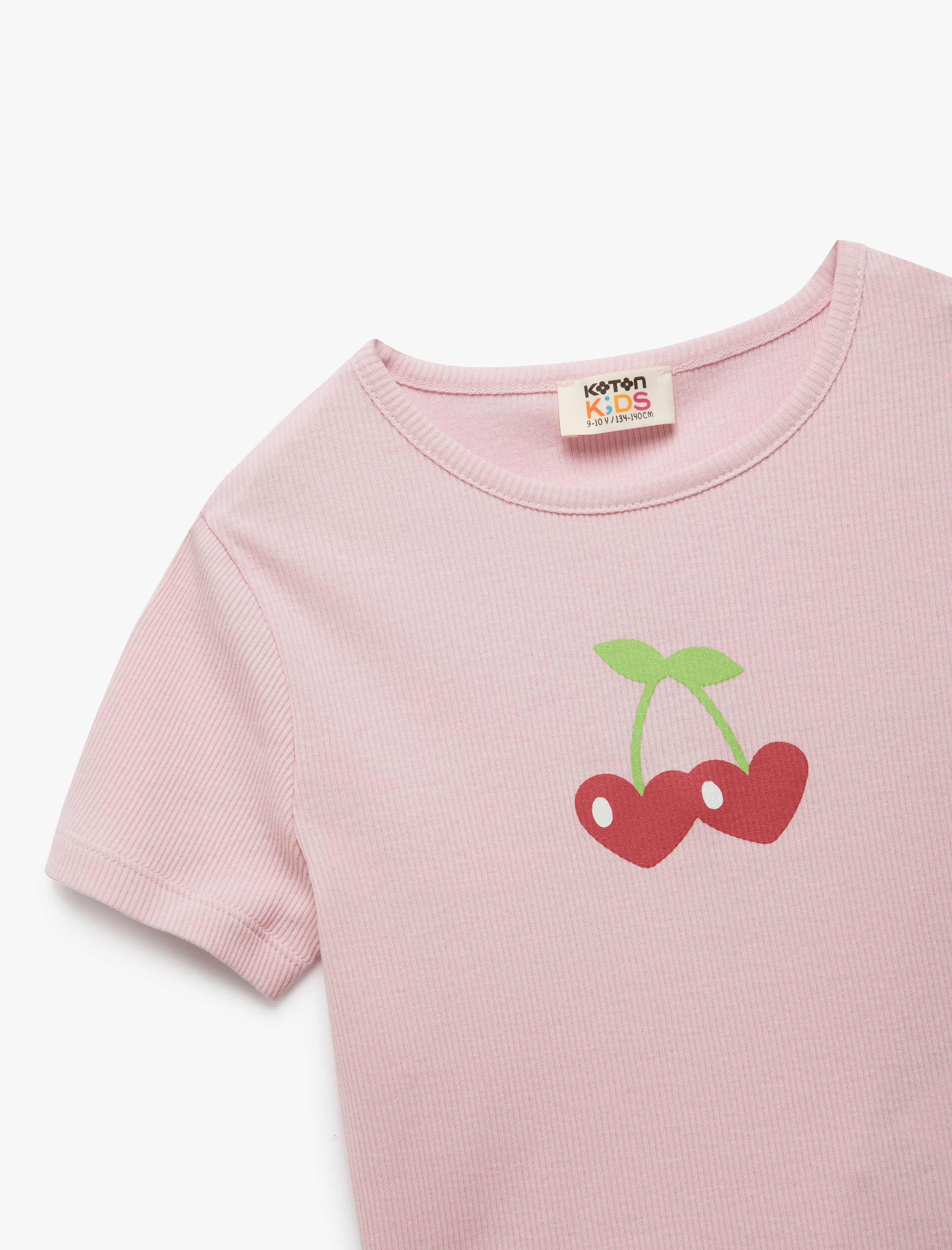  Kız Çocuk Pamuklu Bisiklet Yaka Kısa Kollu Kalp Baskılı Crop Tişört