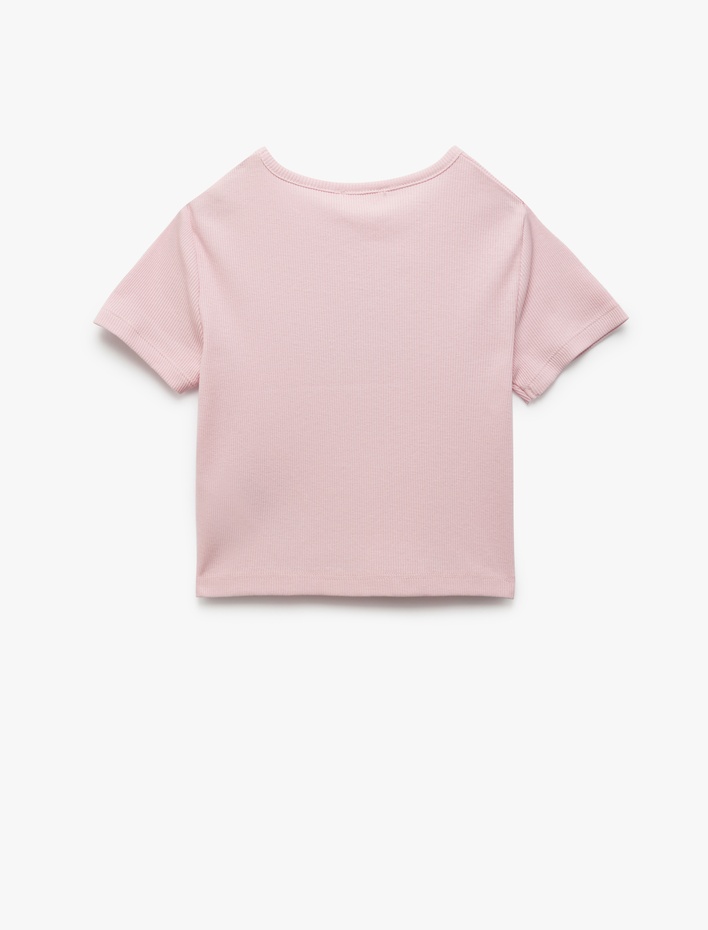 Kız Çocuk Pamuklu Bisiklet Yaka Kısa Kollu Kalp Baskılı Crop Tişört