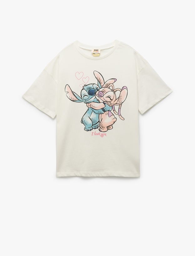 Pamuklu Lisanslı Stitch Baskılı Bisiklet Yaka Kısa Kollu Tişört_0