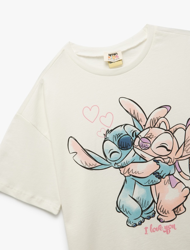 Pamuklu Lisanslı Stitch Baskılı Bisiklet Yaka Kısa Kollu Tişört_2