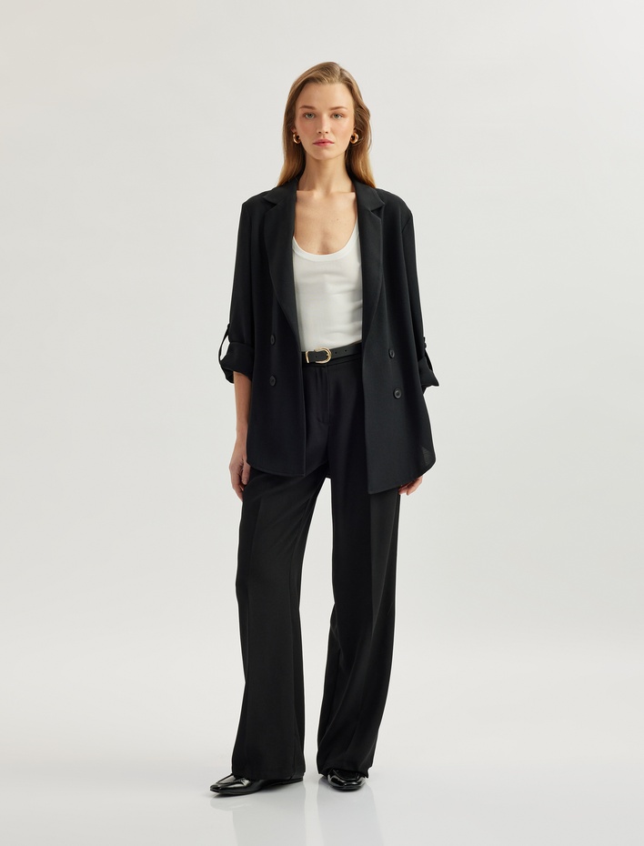  Katlama Detaylı Krep Kumaş 3/4 Kol Kruvaze Uzun Oversize Blazer Ceket