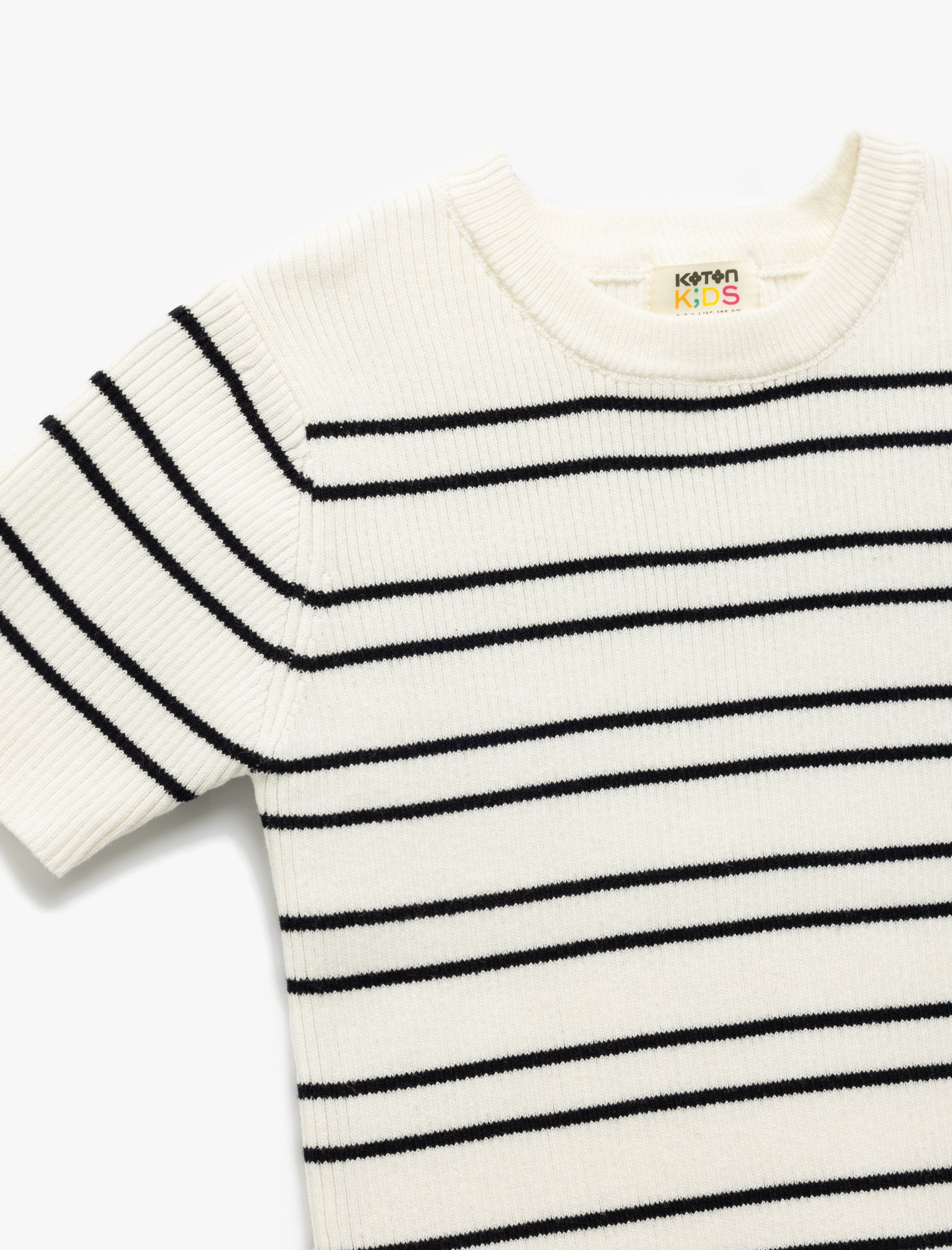  Kız Çocuk Pamuklu Bisiklet Yaka Kısa Kollu Çizgili Triko Tişört