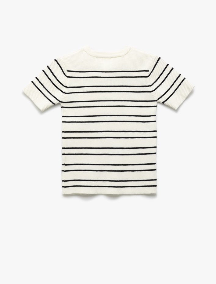 Kız Çocuk Pamuklu Bisiklet Yaka Kısa Kollu Çizgili Triko Tişört