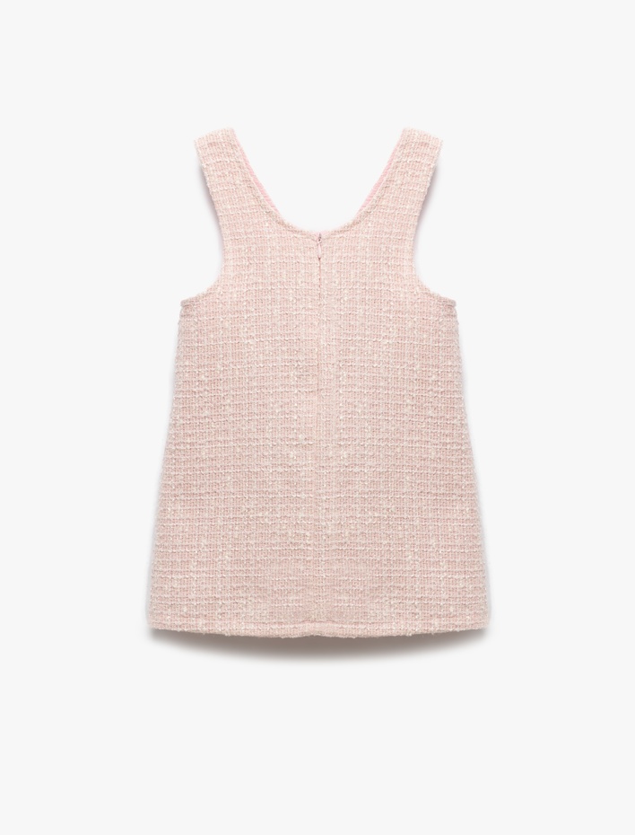 Kız Bebek Yuvarlak Yaka Askılı Cep Detaylı Tüvit Jile Elbise