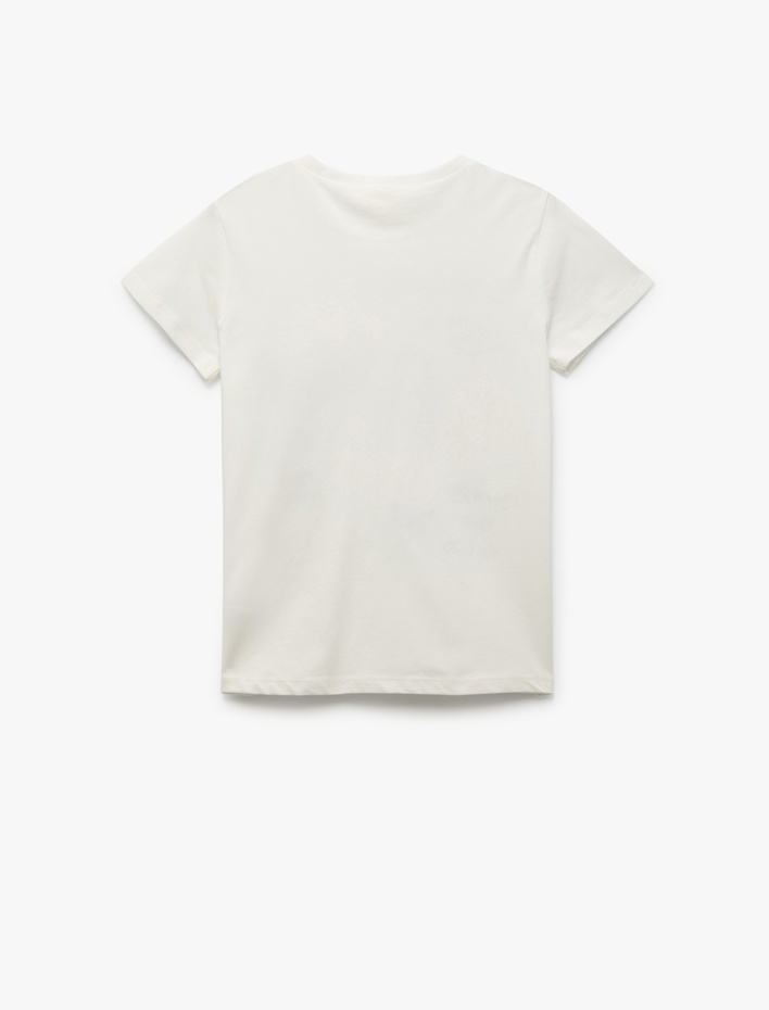 Kız Çocuk Pamuklu Baskı Detaylı Bisiklet Yaka Kısa Kollu Tişört