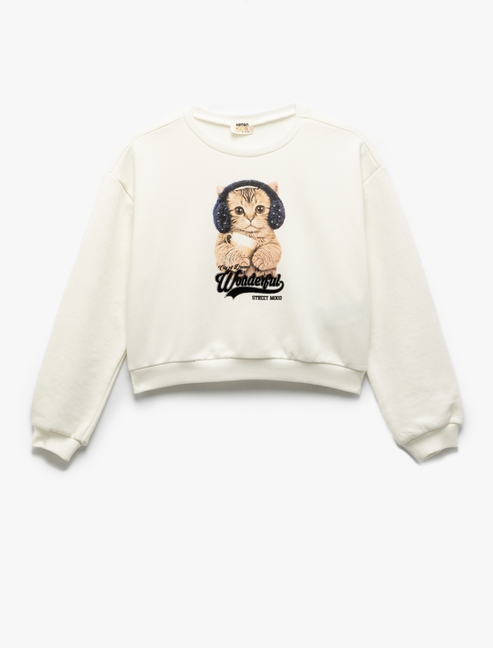 Kız Çocuk Kedi Baskılı Uzun Kollu Crop Sweatshirt