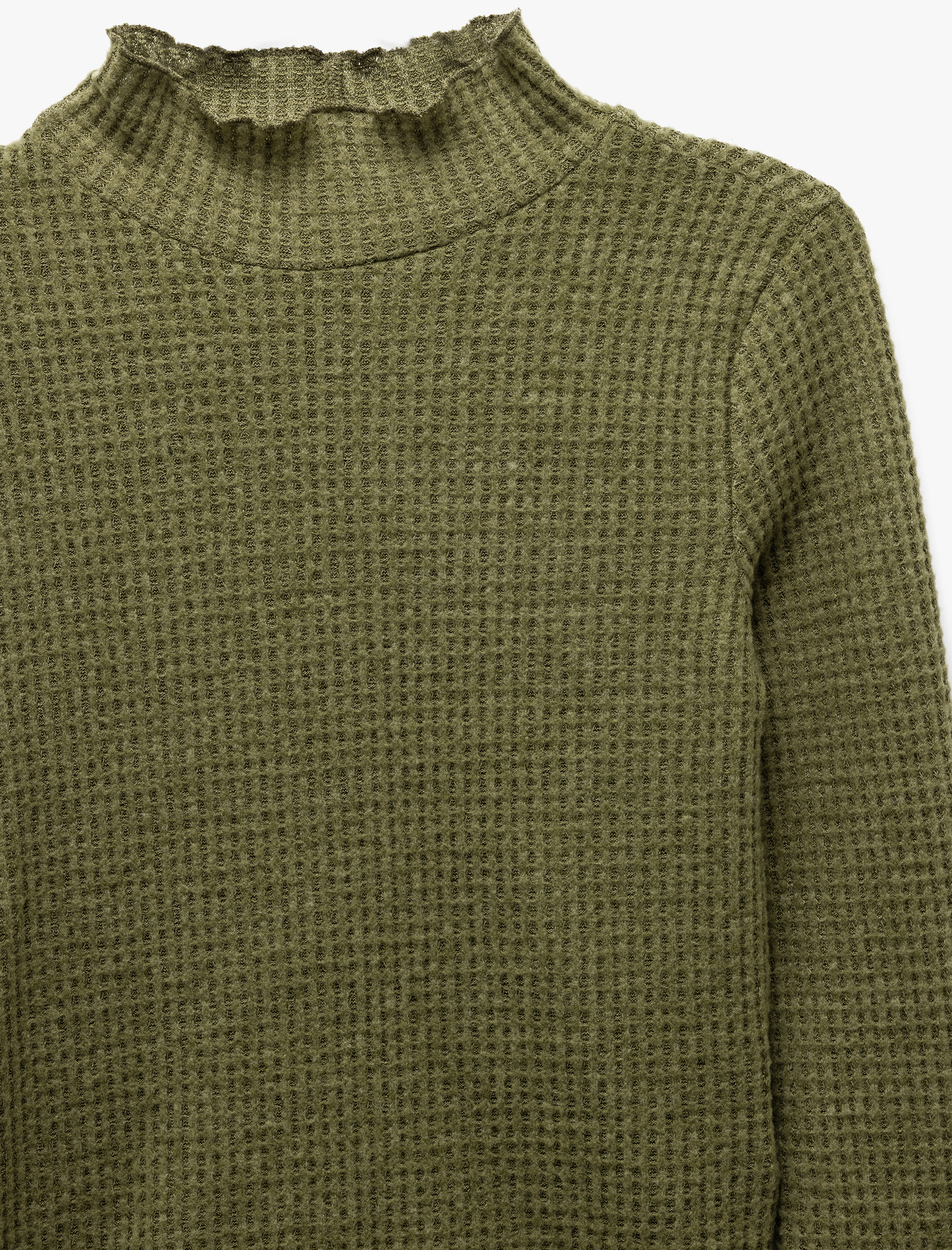   Uzun Kollu Dokulu Fırfırlı Dik Yaka Tişört