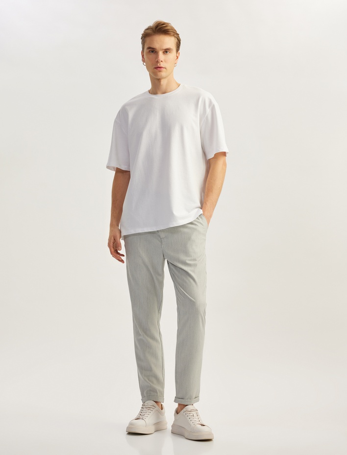  Katlamalı Paça Viskon Karışımlı Düğmeli Beli Bağcıklı Slim Fit Yazlık Pantolon