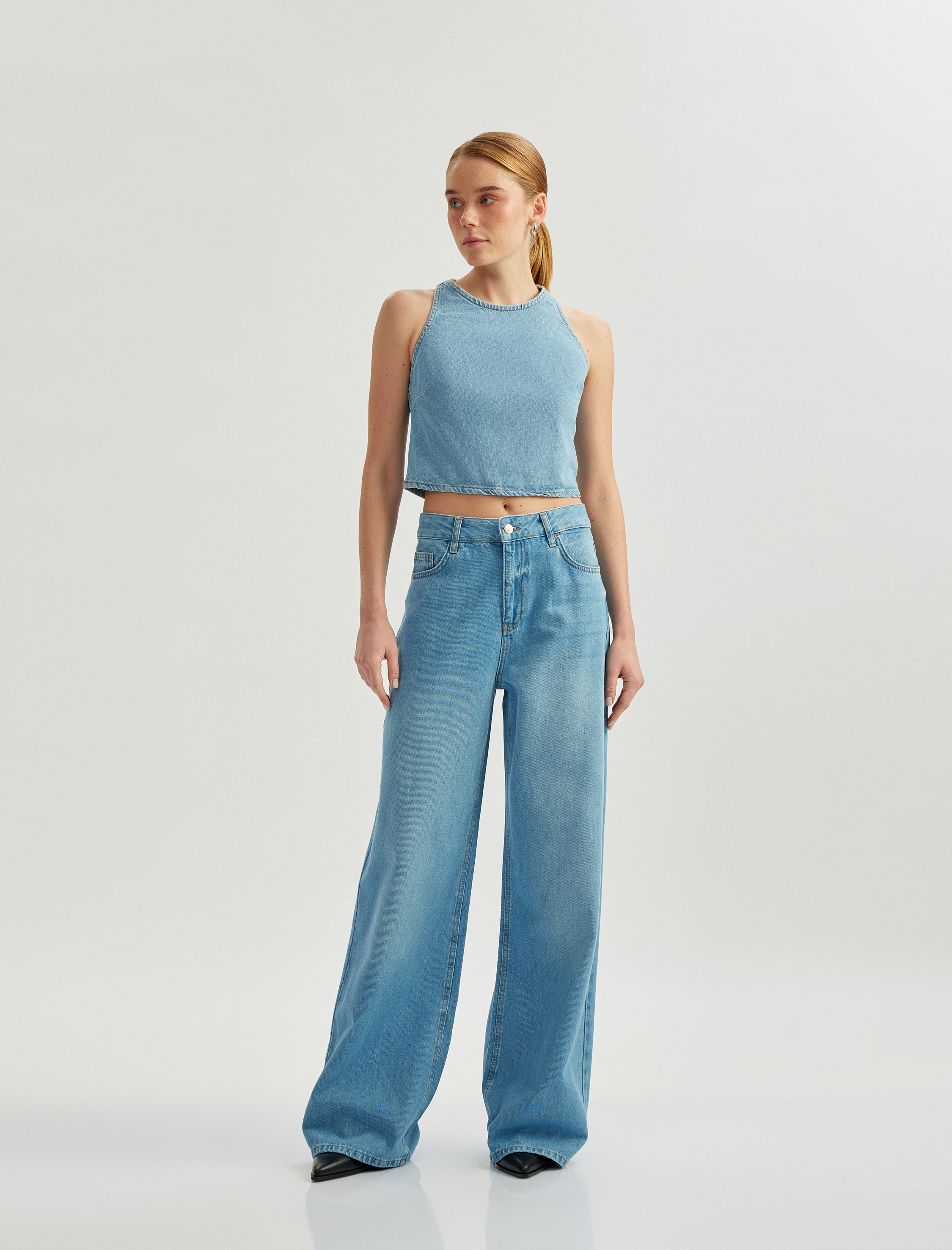   Yüksek Bel Düğmeli Geniş Paça Cepli Kot Pantolon - Wide Leg Jeans