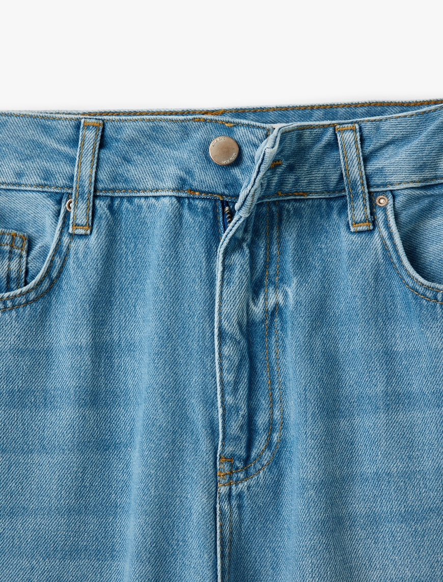   Yüksek Bel Düğmeli Geniş Paça Cepli Kot Pantolon - Wide Leg Jeans