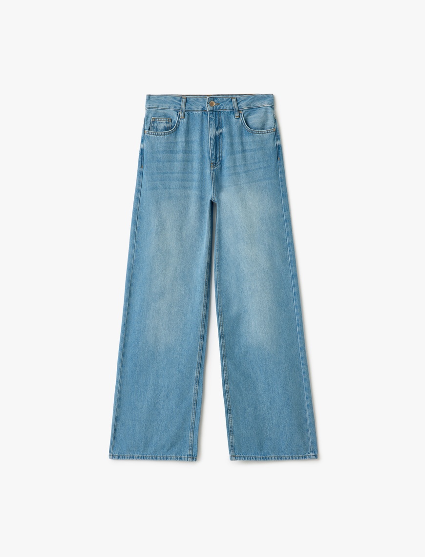   Yüksek Bel Düğmeli Geniş Paça Cepli Kot Pantolon - Wide Leg Jeans