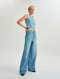 Yüksek Bel Düğmeli Geniş Paça Cepli Kot Pantolon - Wide Leg Jeans