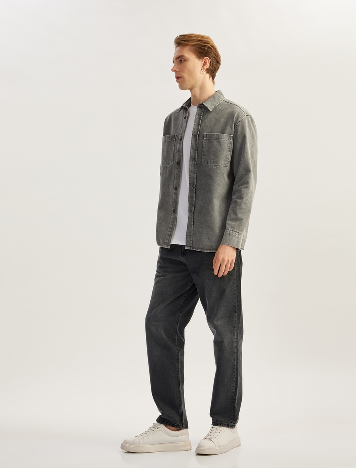  Pamuklu Düğmeli Regular Fit Yıkamalı Klasik Yaka Cep Detaylı Uzun Kollu Gömlek