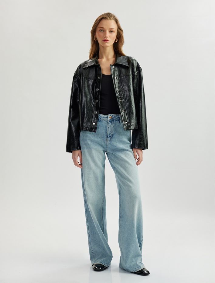  Çıtçıt Düğme Detaylı Uzun Kollu Cepli Kruvaze Suni Deri Ceket