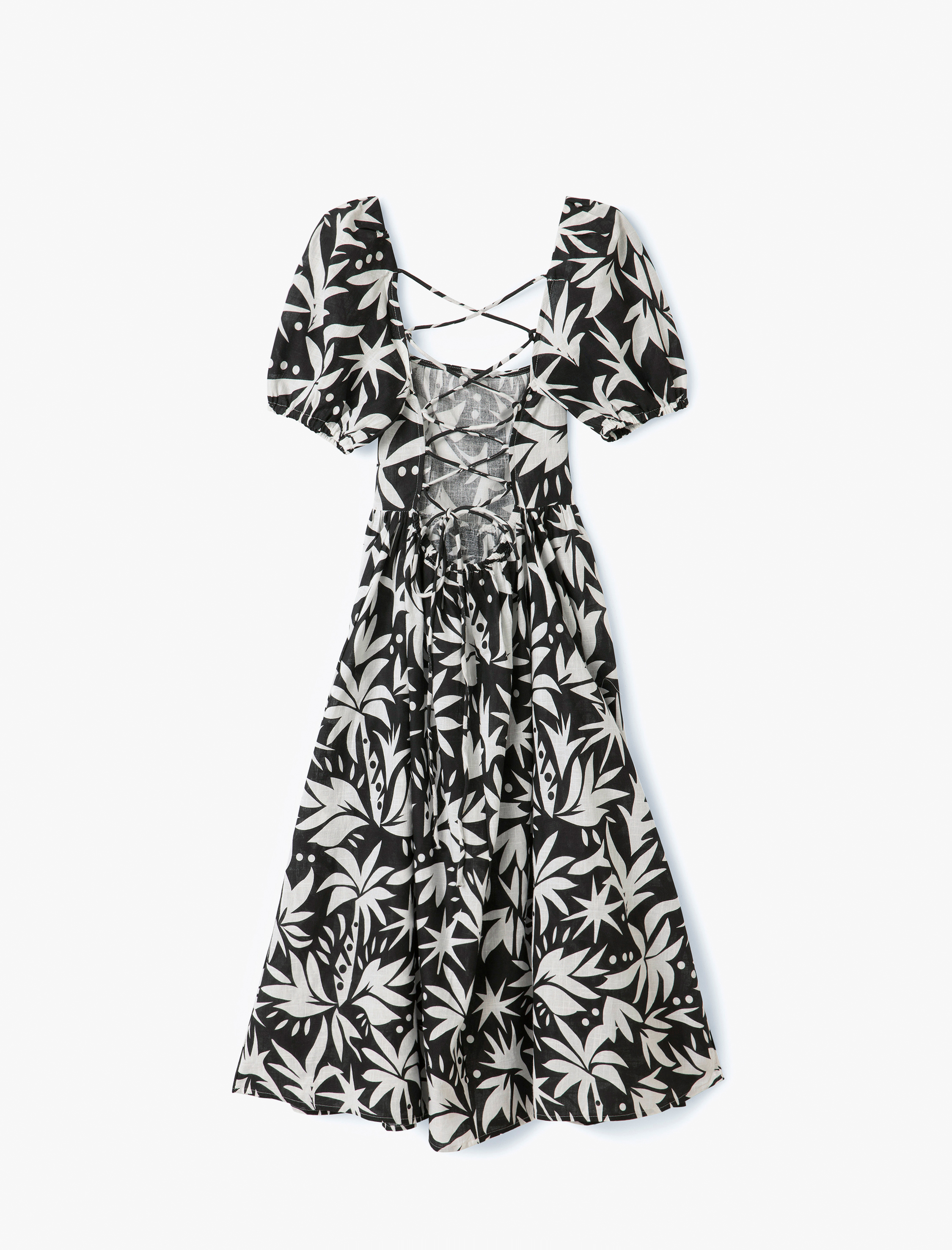   Pamuklu Kısa Balon Kollu Arkası Dekolte Detaylı Midi Boy Çiçekli Elbise