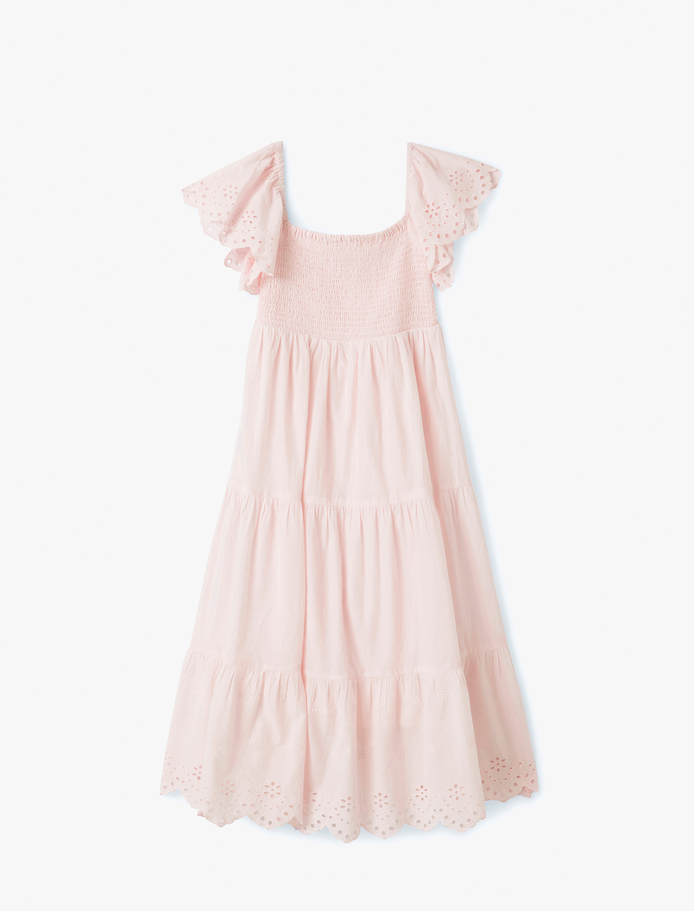   Astarlı Pamuklu Gipe Detaylı Fistolu Karpuz Kol Kare Yaka Midi Boy Elbise