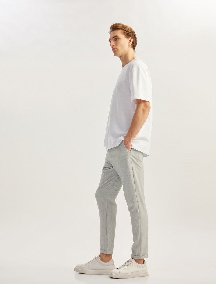  Katlamalı Paça Viskon Karışımlı Düğmeli Beli Bağcıklı Slim Fit Yazlık Pantolon