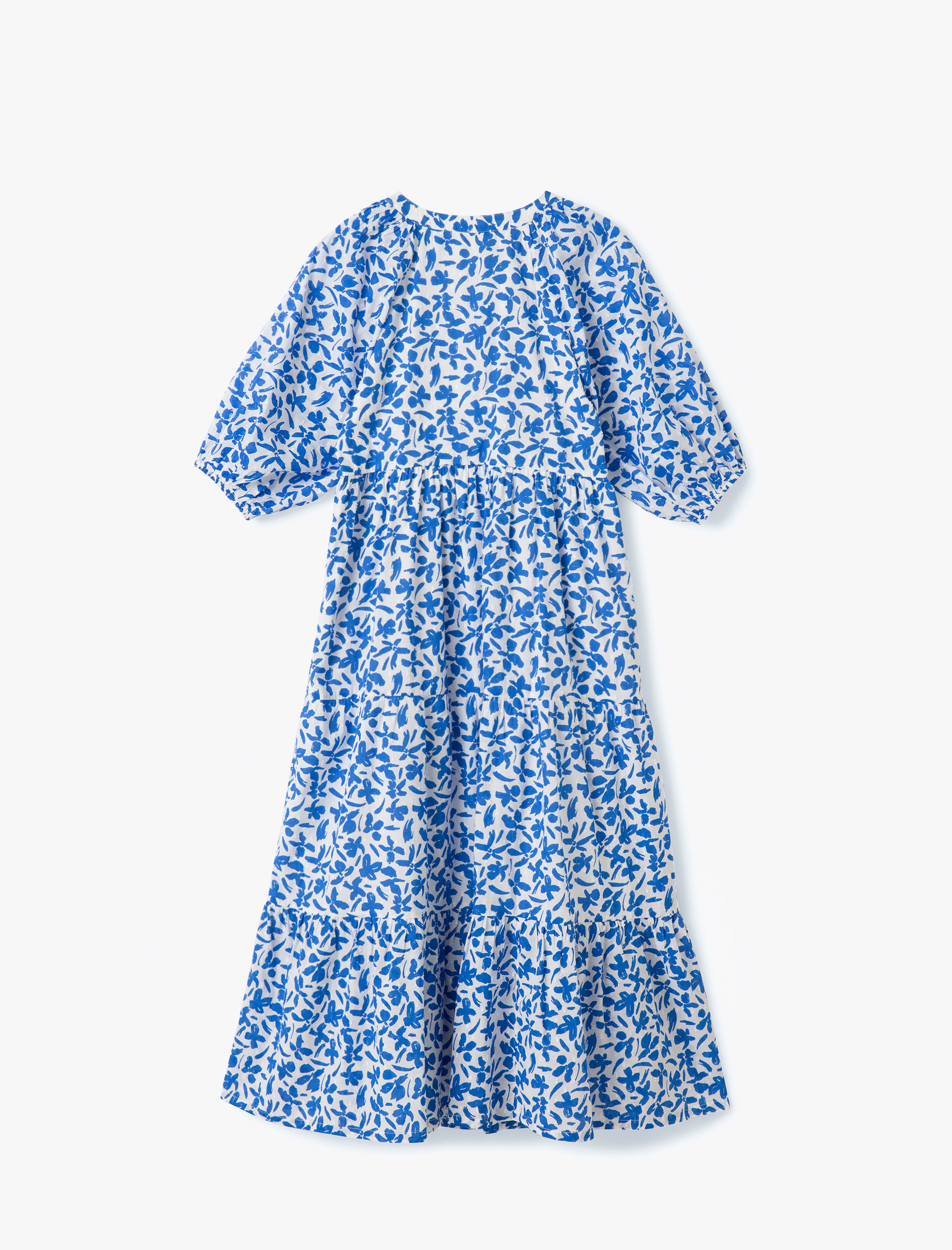   Pamuklu Astarlı Mandarin Yaka Balon Kollu Uzun Çiçekli Elbise