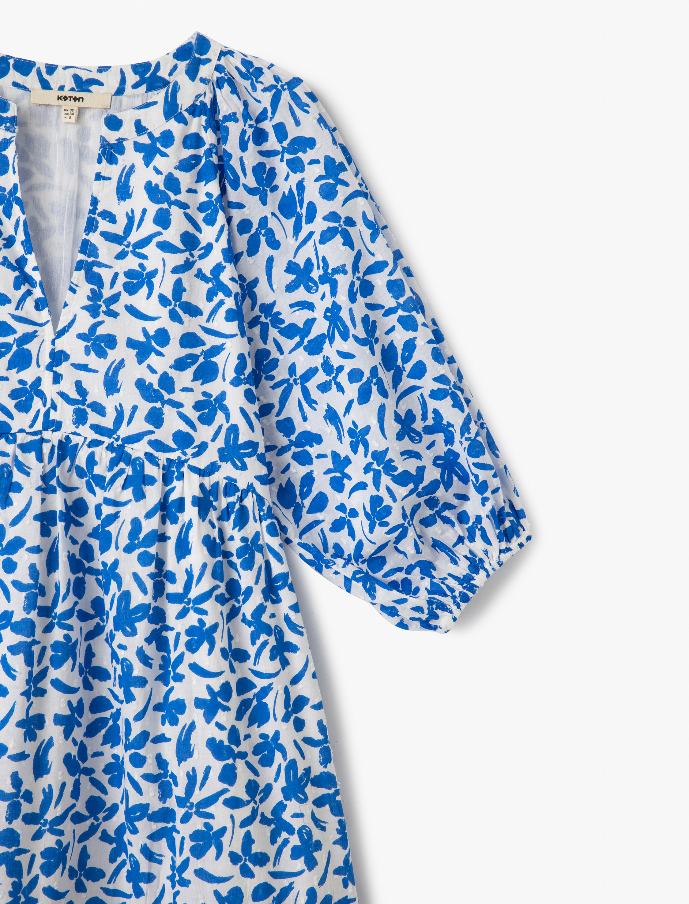   Pamuklu Astarlı Mandarin Yaka Balon Kollu Uzun Çiçekli Elbise