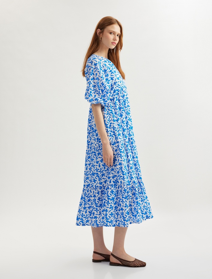  Pamuklu Astarlı Mandarin Yaka Balon Kollu Uzun Çiçekli Elbise