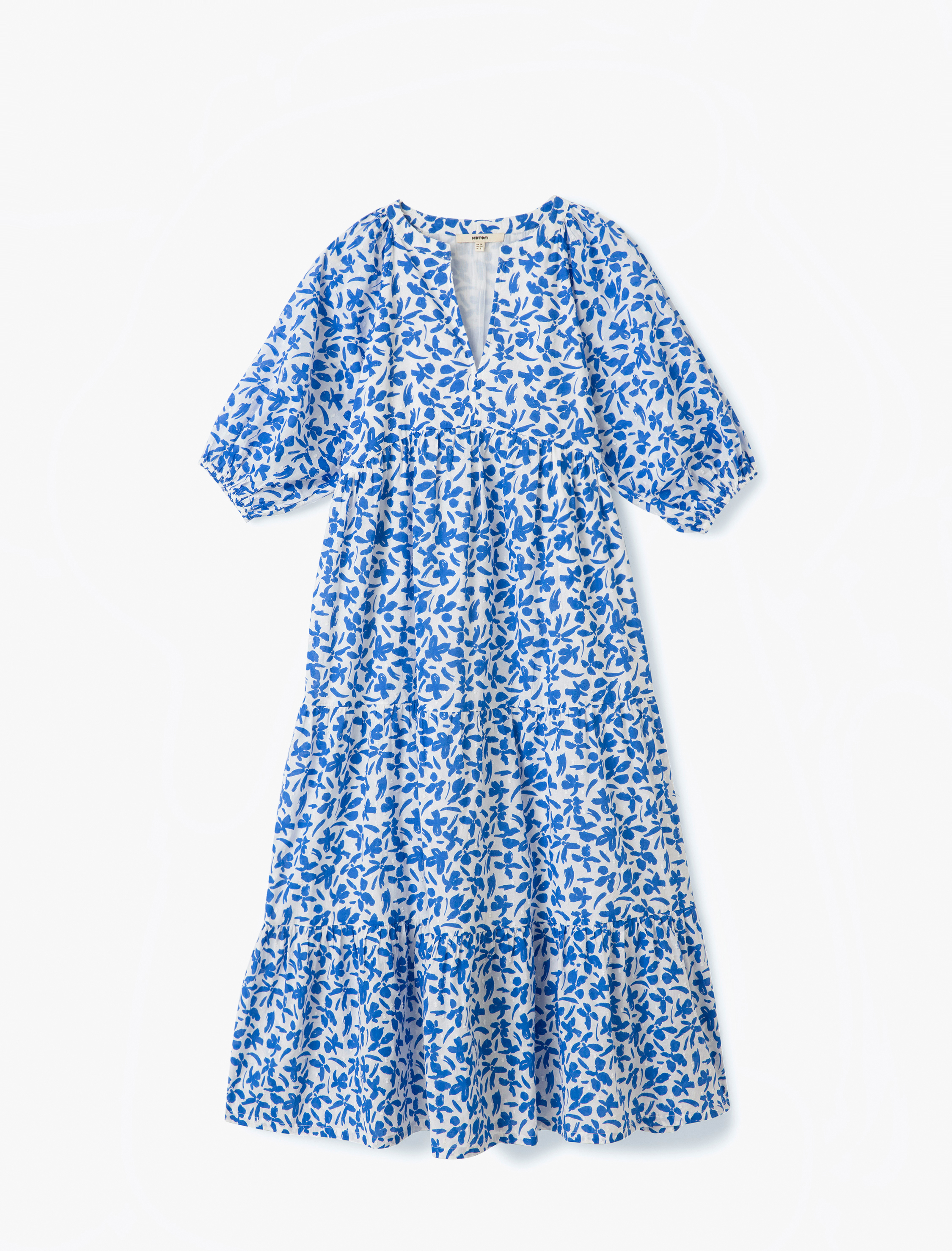   Pamuklu Astarlı Mandarin Yaka Balon Kollu Uzun Çiçekli Elbise