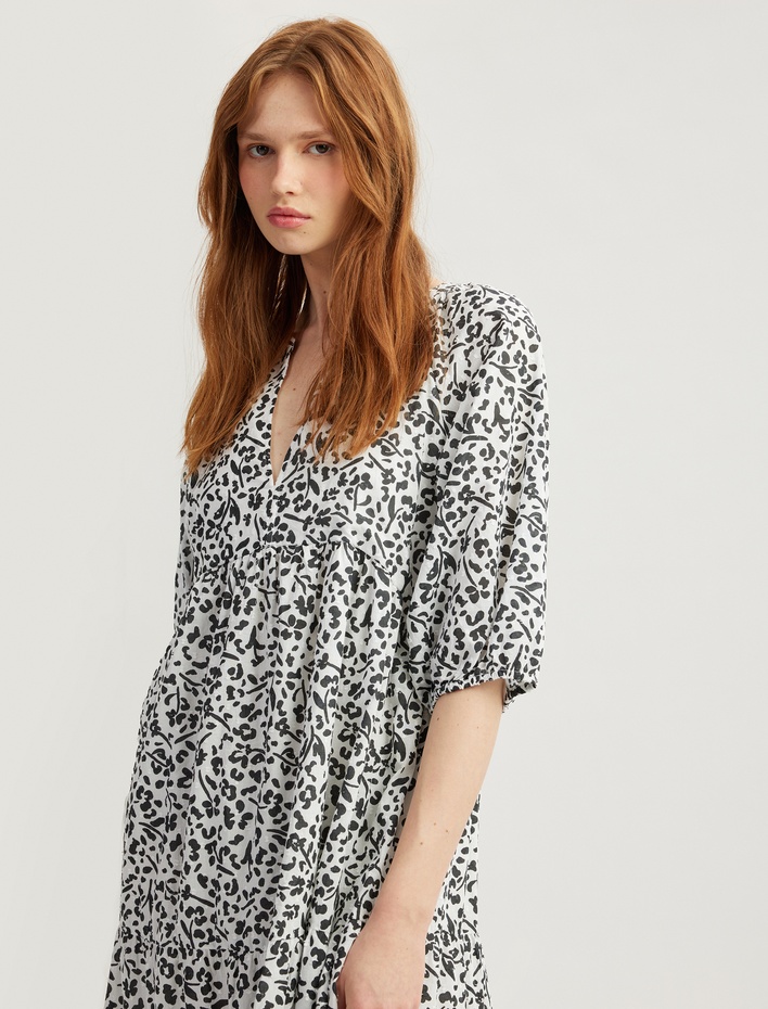  Pamuklu Astarlı Mandarin Yaka Balon Kollu Uzun Çiçekli Elbise