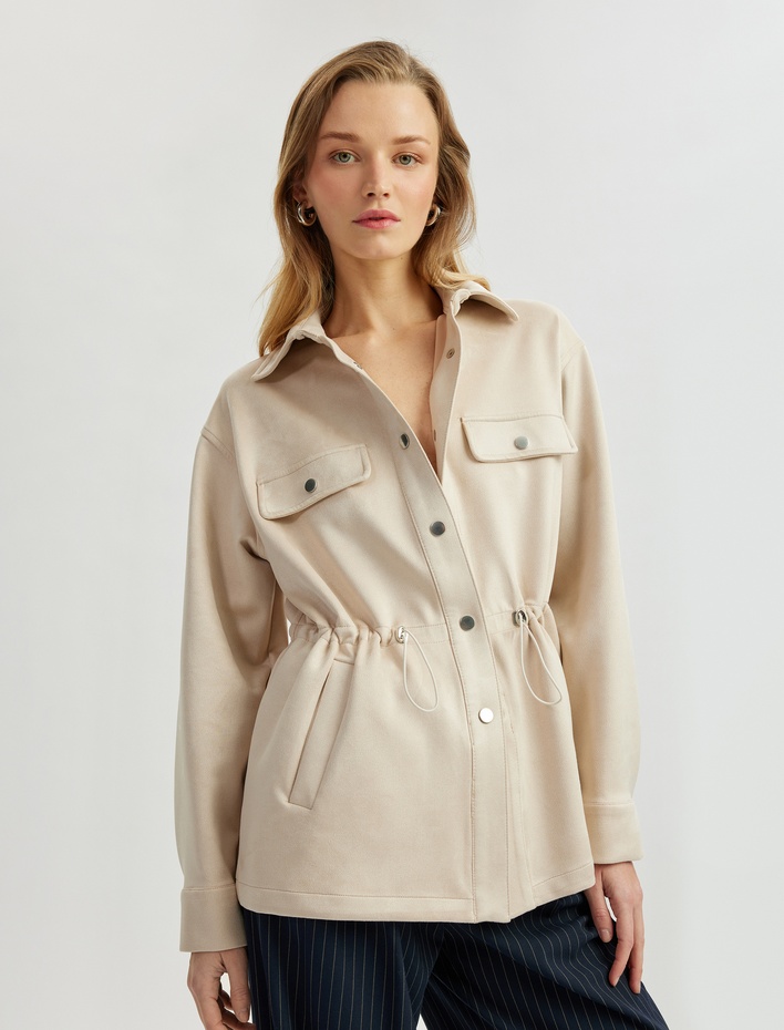  Beli Elastik Bağcık Detaylı Uzun Kollu Cepli Ceket