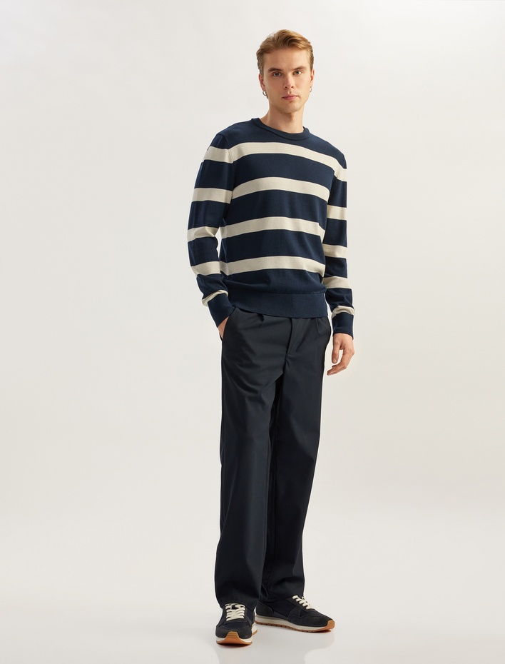  Uzun Kollu Pamuk Karışımlı Bisiklet Yaka Çizgili Triko Kazak