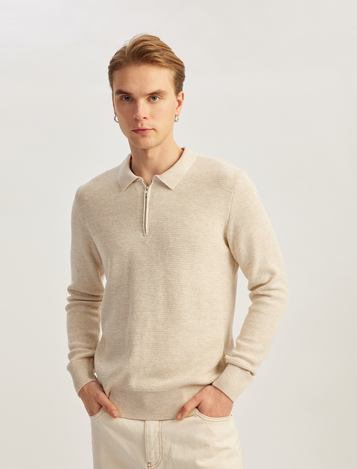  Uzun Kollu Polo Yaka Yarım Fermuarlı Kışlık Triko Kazak