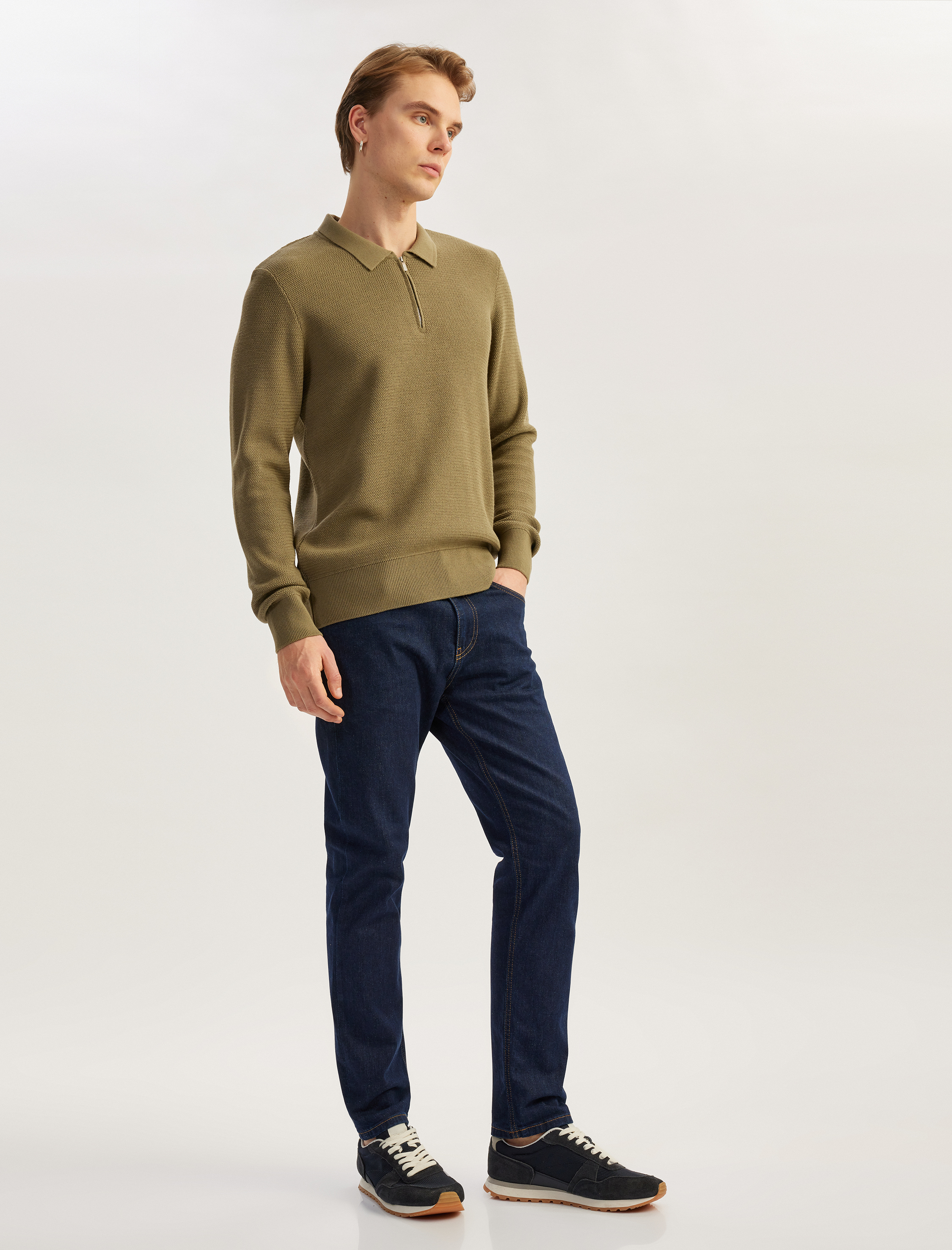   Uzun Kollu Polo Yaka Yarım Fermuarlı Kışlık Triko Kazak