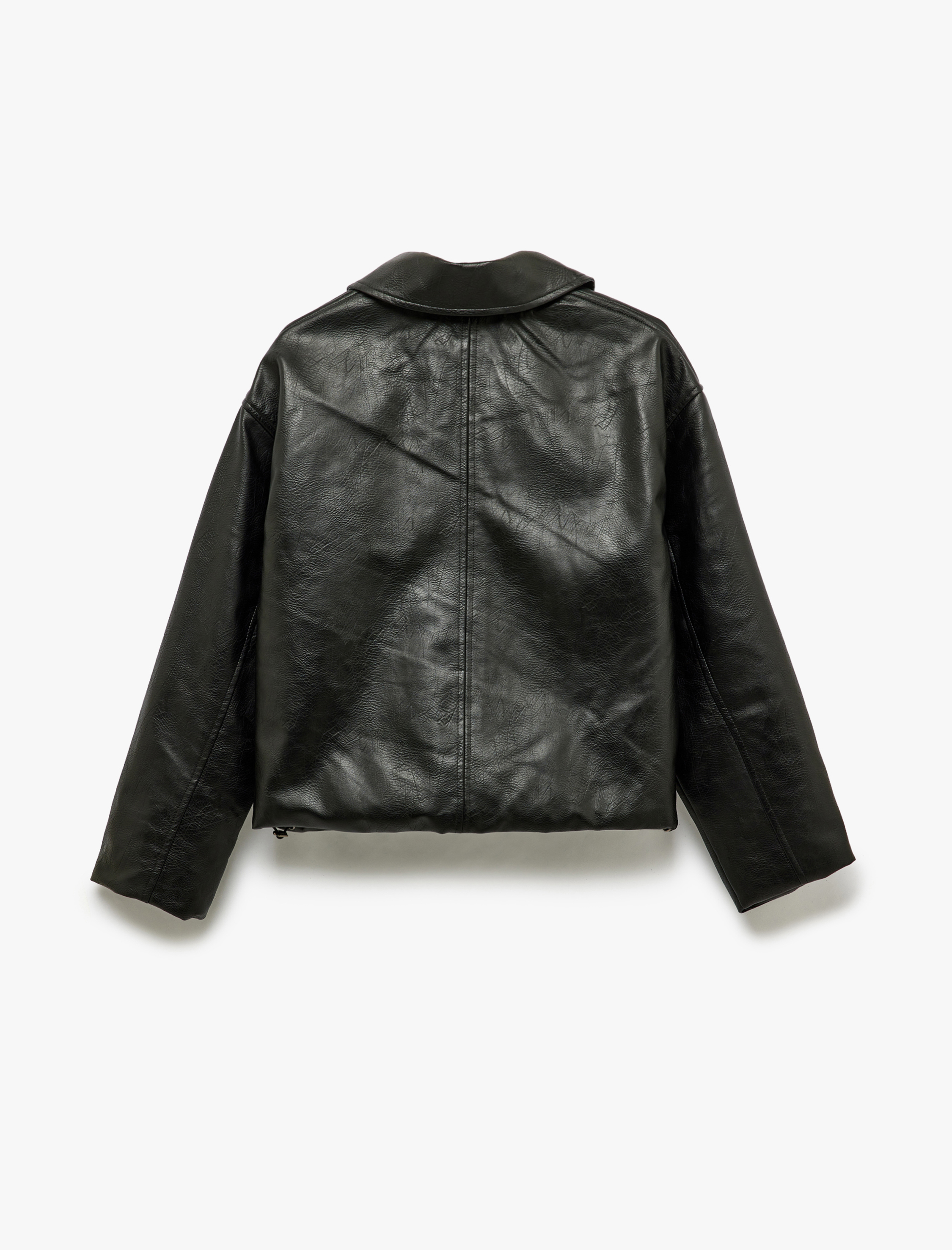   Klasik Yaka Fermuarlı Deri Görünümlü Cep Detaylı Ceket