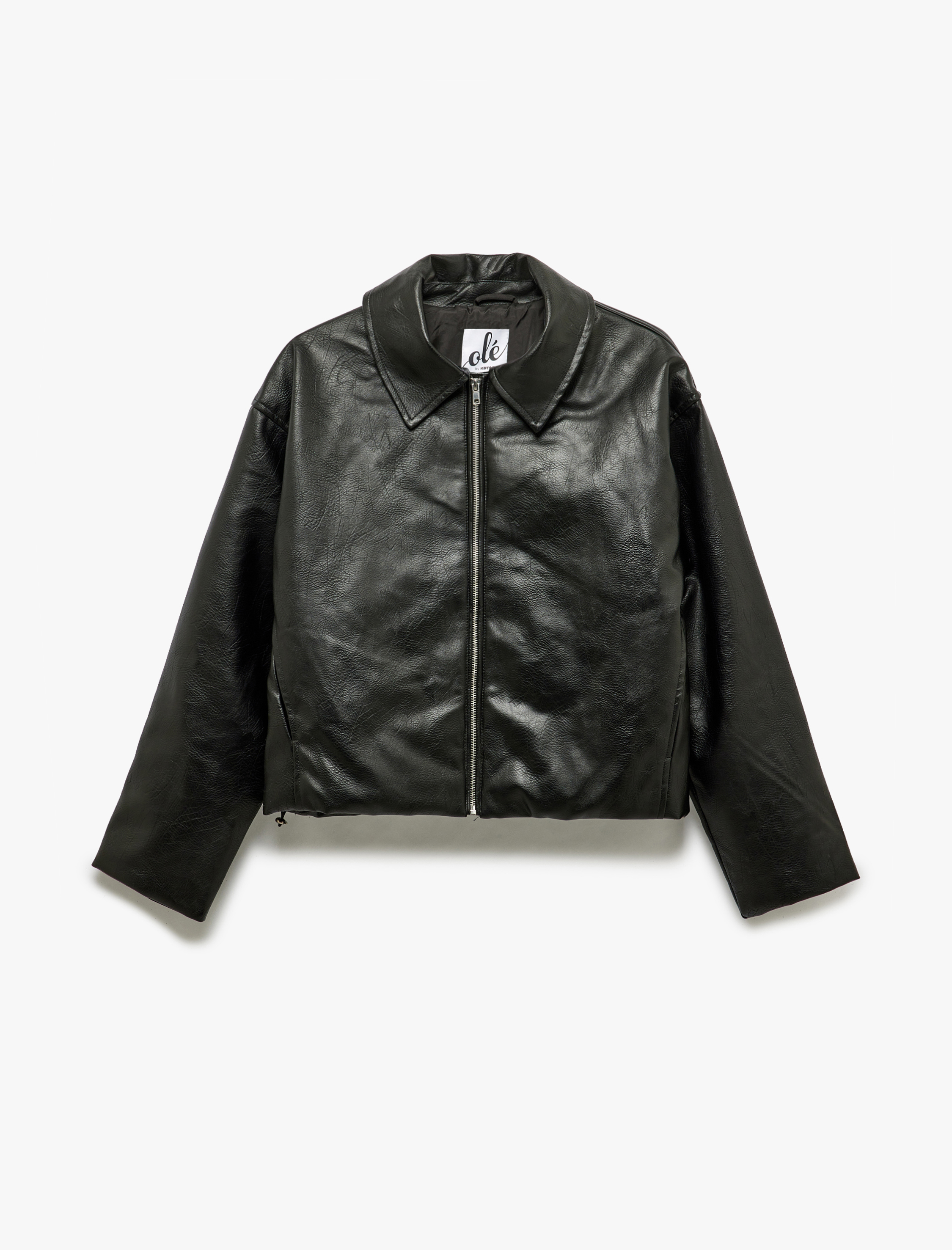   Klasik Yaka Fermuarlı Deri Görünümlü Cep Detaylı Ceket