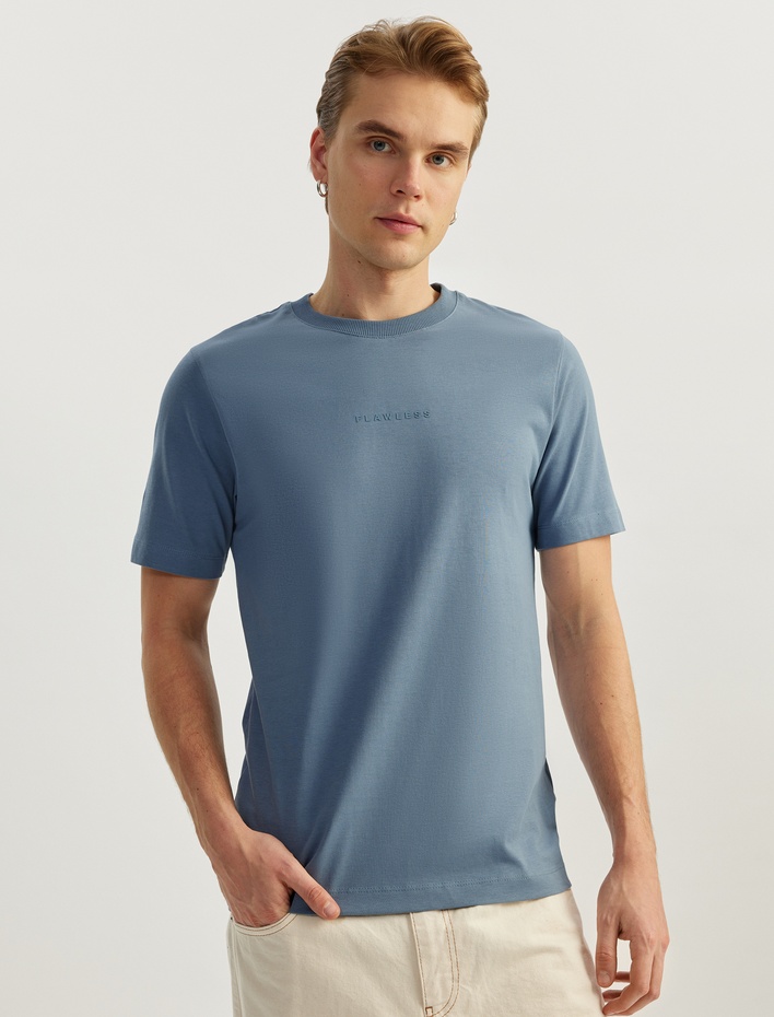  Slogan Baskılı Kısa Kollu Regular Fit Pamuklu Bisiklet Yaka Tişört