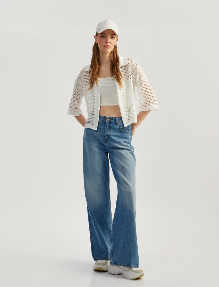  Rahat Kalıp Düğmeli Kısa Kollu Gömlek Yaka File Tişört