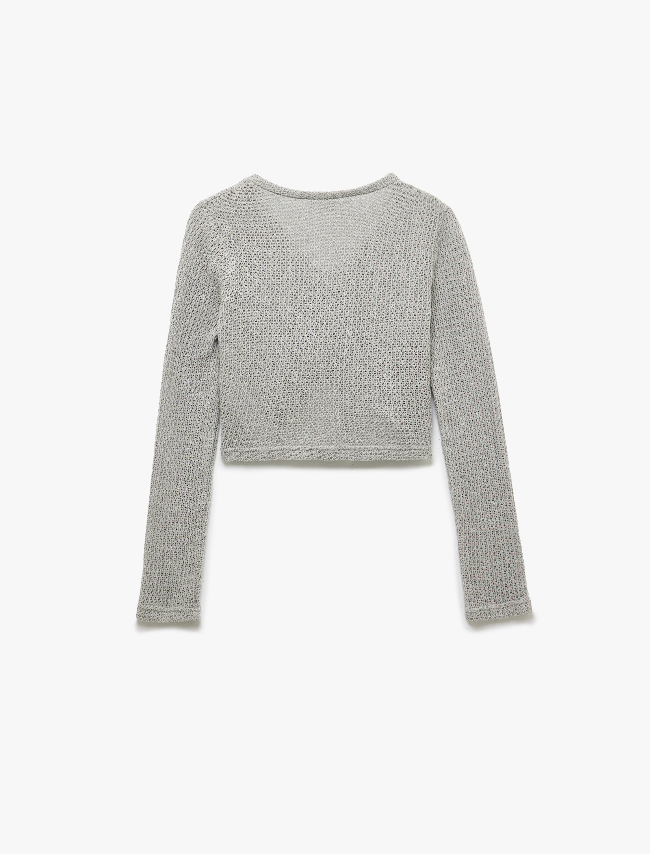   Uzun Kollu Büzgülü V Yaka Triko Crop Tişört