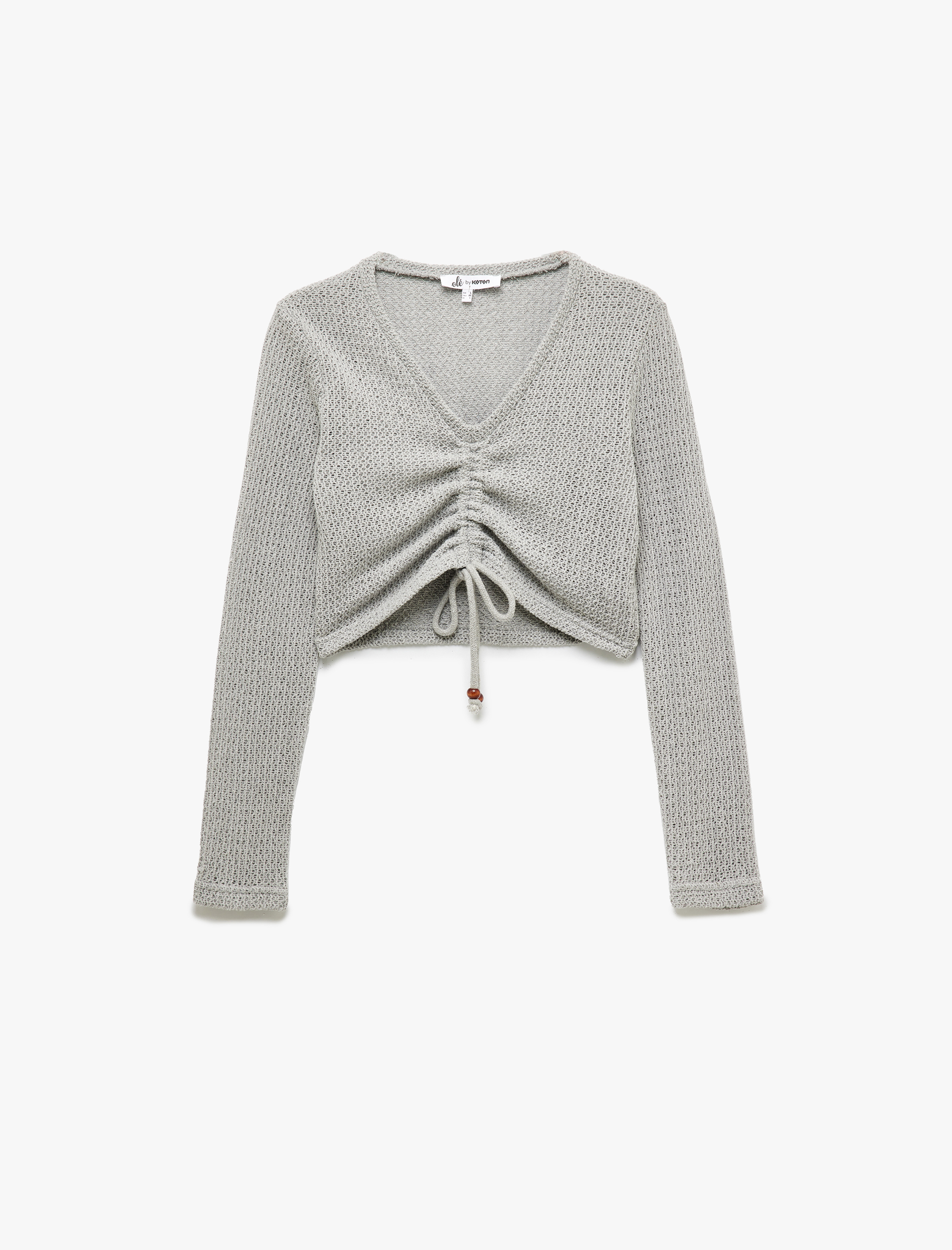   Uzun Kollu Büzgülü V Yaka Triko Crop Tişört