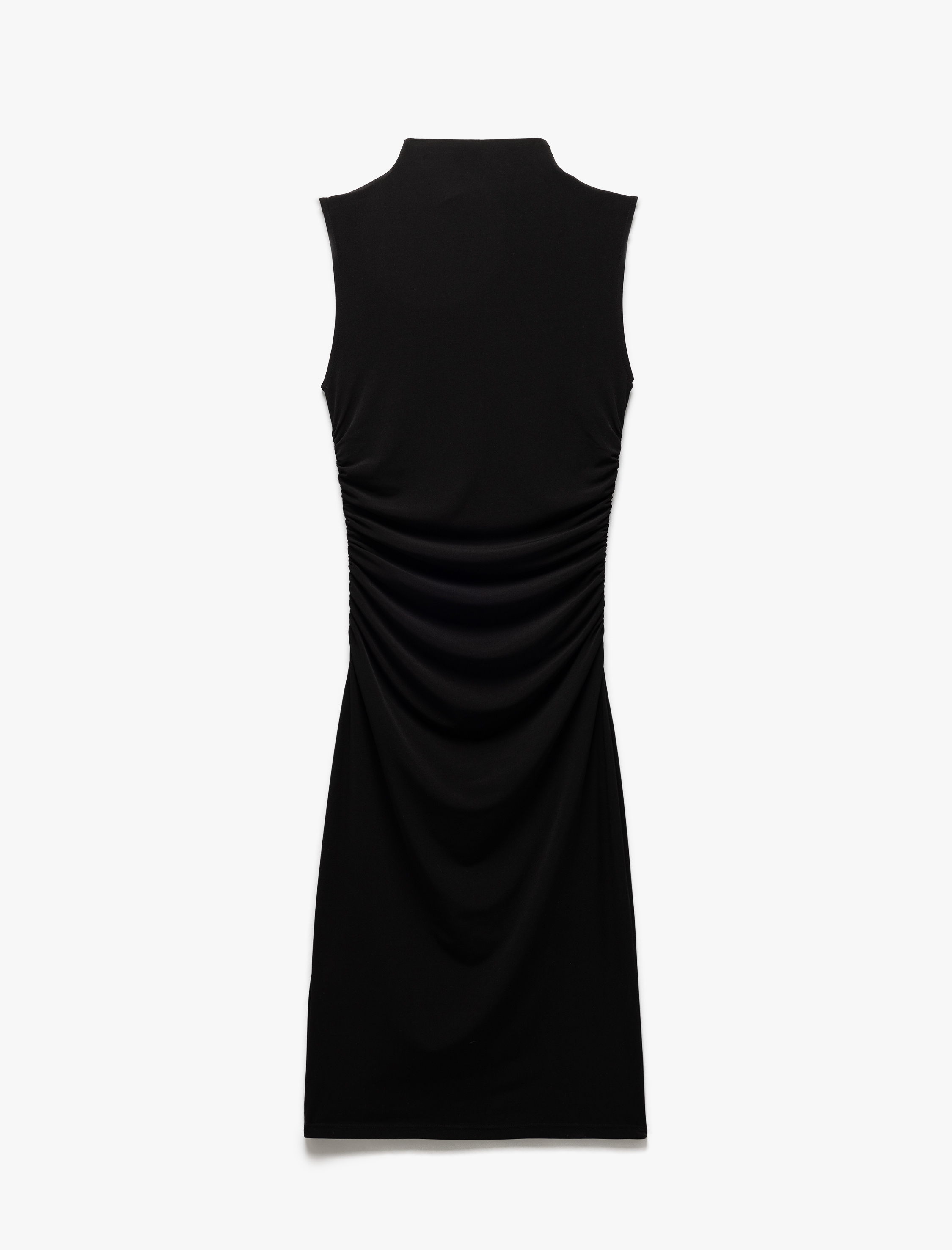 Hafif Dik Yaka Kolsuz Drapeli Slim Fit Midi Kalem Elbise