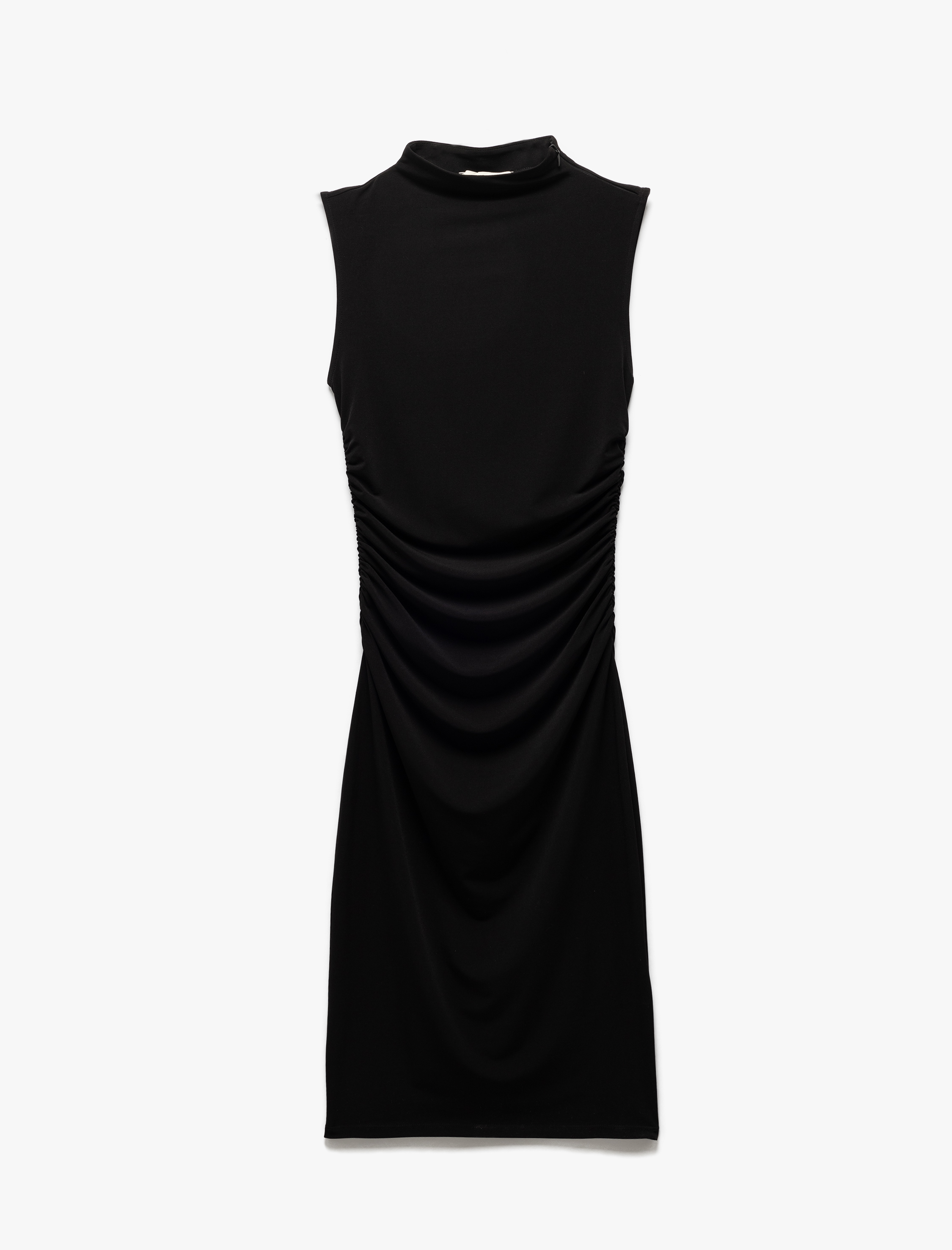 Hafif Dik Yaka Kolsuz Drapeli Slim Fit Midi Kalem Elbise