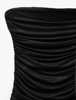 Drape Detaylı Kolsuz Straplez Volanlı Mini Abiye Elbise_4