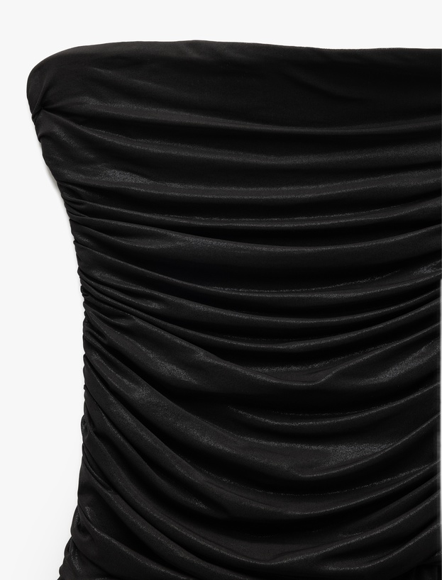 Drape Detaylı Kolsuz Straplez Volanlı Mini Abiye Elbise_4